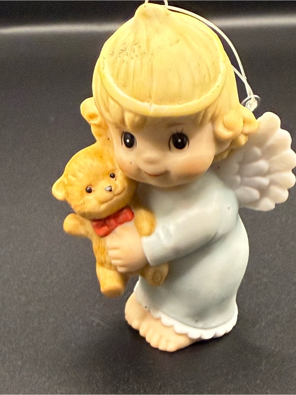 Vintage 1984 Gorham Porcelain Angel Cherub holding bear Christmas Ornament